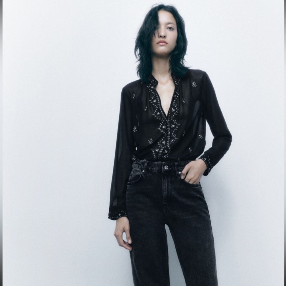 Zara Black Semi-Sheer Beaded Long Sleeve Chiffon Top
